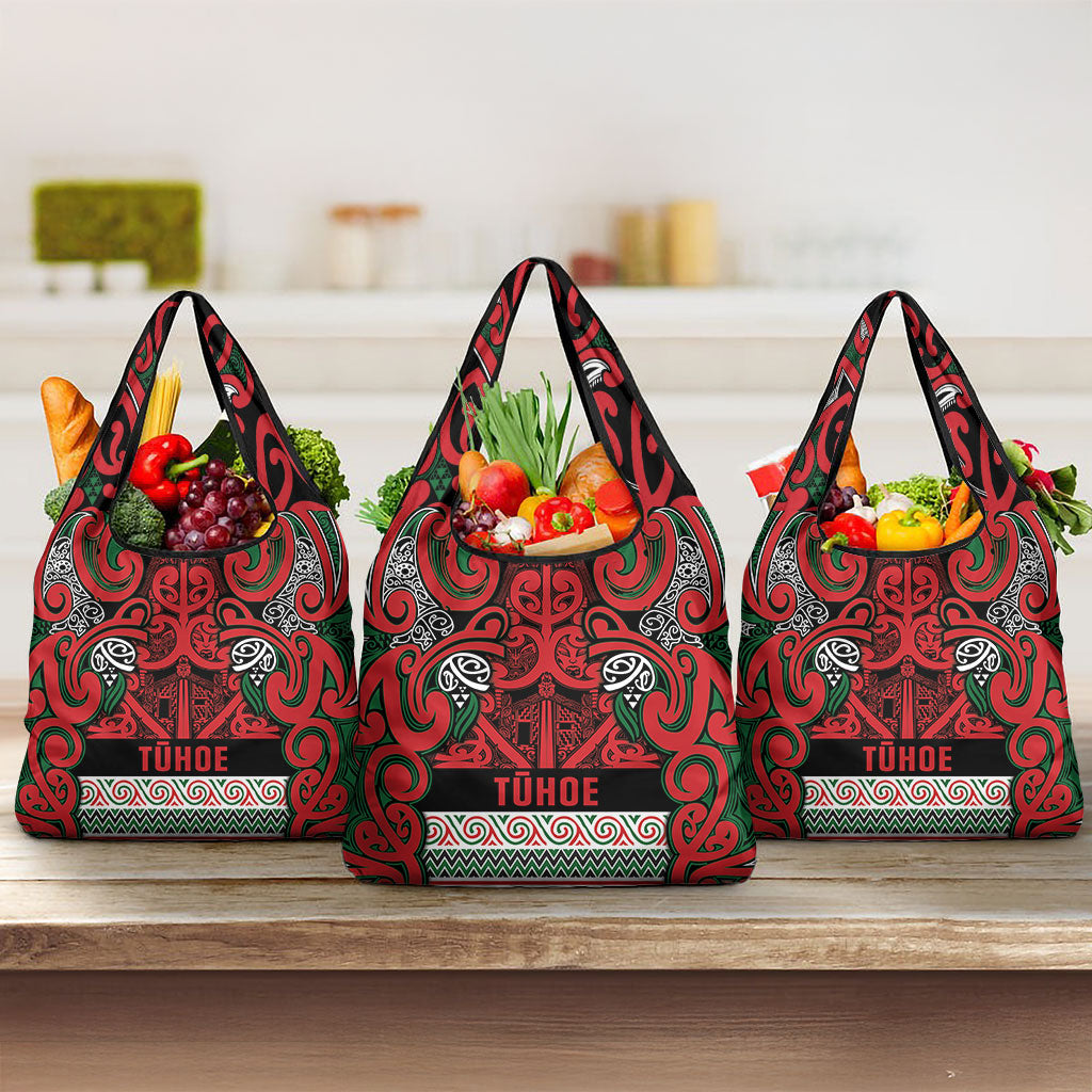 Aotearoa Iwi Tuhoe Grocery Bag Maori Wharenui House Tribal Pattern LT9 3-pack One Size Green Red - Polynesian Pride
