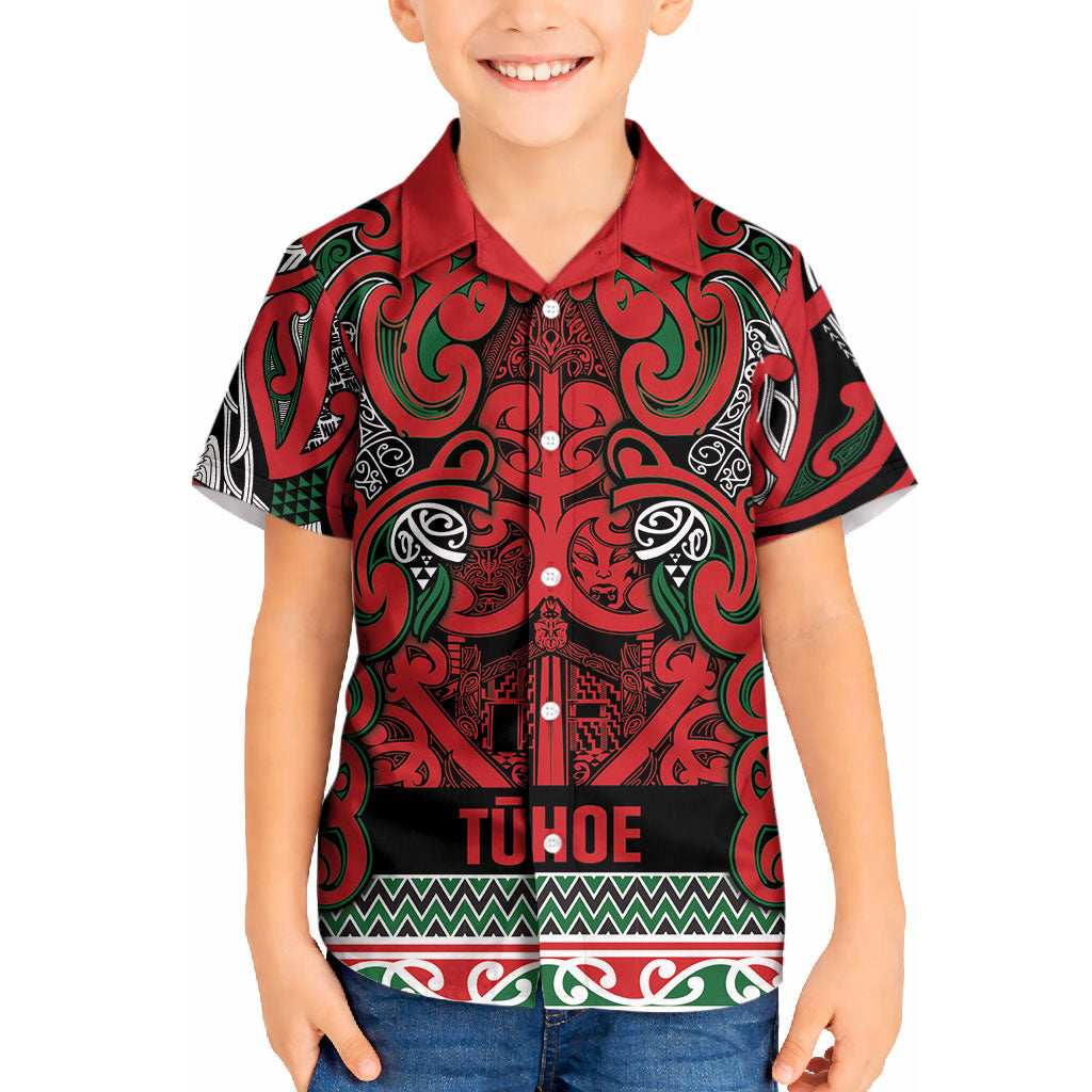 Aotearoa Iwi Tuhoe Kid Hawaiian Shirt Maori Wharenui House Tribal Pattern LT9 Kid Green Red - Polynesian Pride