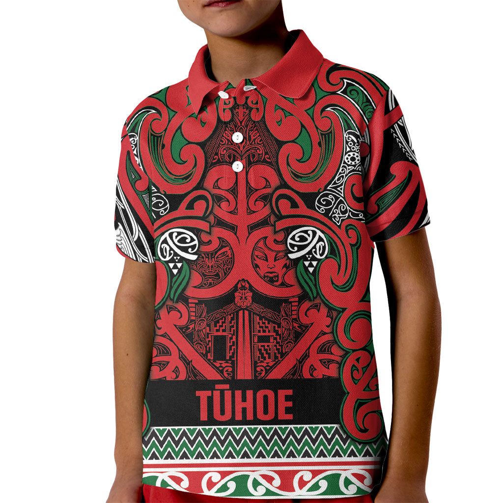 Aotearoa Iwi Tuhoe Kid Polo Shirt Maori Wharenui House Tribal Pattern LT9 Kid Green Red - Polynesian Pride