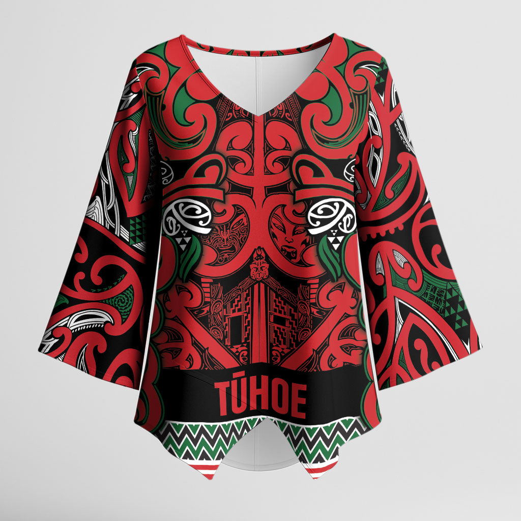 Aotearoa Iwi Tuhoe Kimono Sleeve Blouse Maori Wharenui House Tribal Pattern LT9 Female Green Red - Polynesian Pride
