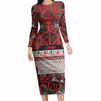 Aotearoa Iwi Tuhoe Long Sleeve Bodycon Dress Maori Wharenui House Tribal Pattern LT9 Long Dress Green Red - Polynesian Pride