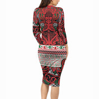 Aotearoa Iwi Tuhoe Long Sleeve Bodycon Dress Maori Wharenui House Tribal Pattern LT9 - Polynesian Pride