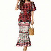 Aotearoa Iwi Tuhoe Mermaid Dress Maori Wharenui House Tribal Pattern LT9 Women Green Red - Polynesian Pride