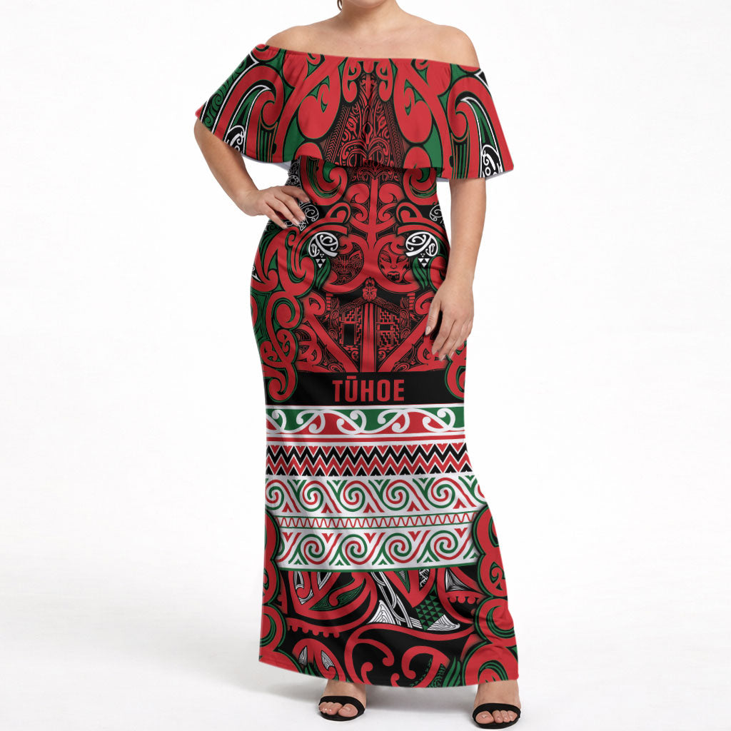 Aotearoa Iwi Tuhoe Off Shoulder Maxi Dress Maori Wharenui House Tribal Pattern LT9 Women Green Red - Polynesian Pride