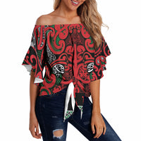 Aotearoa Iwi Tuhoe Off Shoulder Wrap Waist Top Maori Wharenui House Tribal Pattern LT9 Green Red - Polynesian Pride