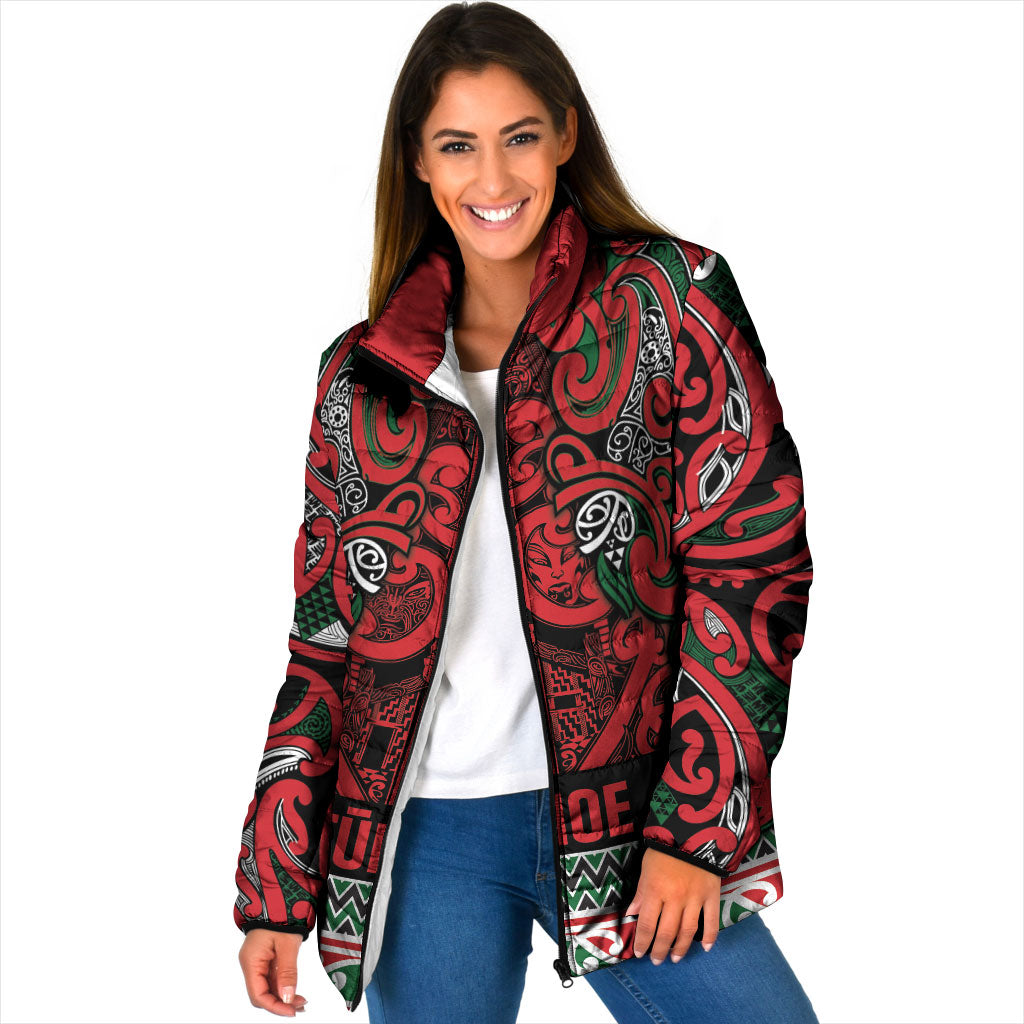 Aotearoa Iwi Tuhoe Padded Jacket Maori Wharenui House Tribal Pattern LT9 Women Green Red - Polynesian Pride
