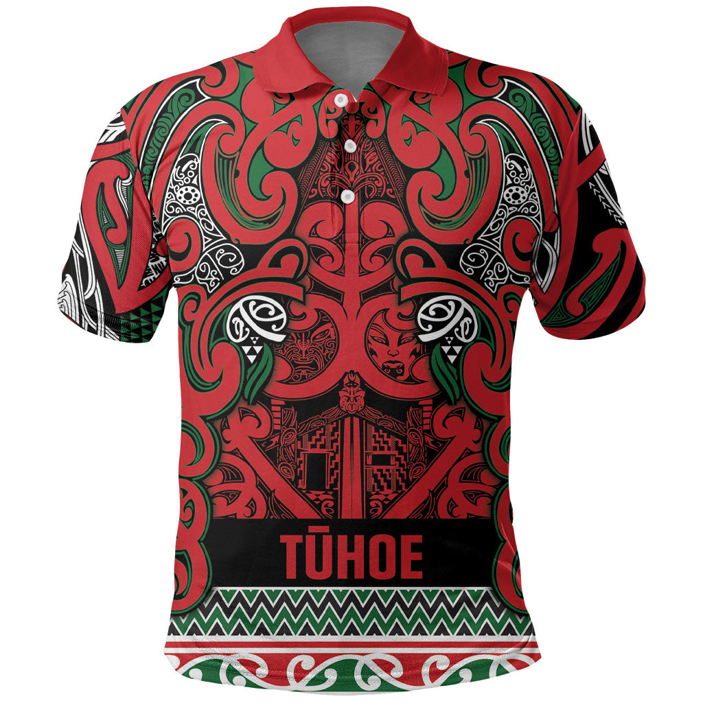 Aotearoa Iwi Tuhoe Polo Shirt Maori Wharenui House Tribal Pattern LT9 Green Red - Polynesian Pride