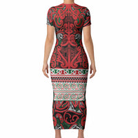 Aotearoa Iwi Tuhoe Short Sleeve Bodycon Dress Maori Wharenui House Tribal Pattern LT9 - Polynesian Pride