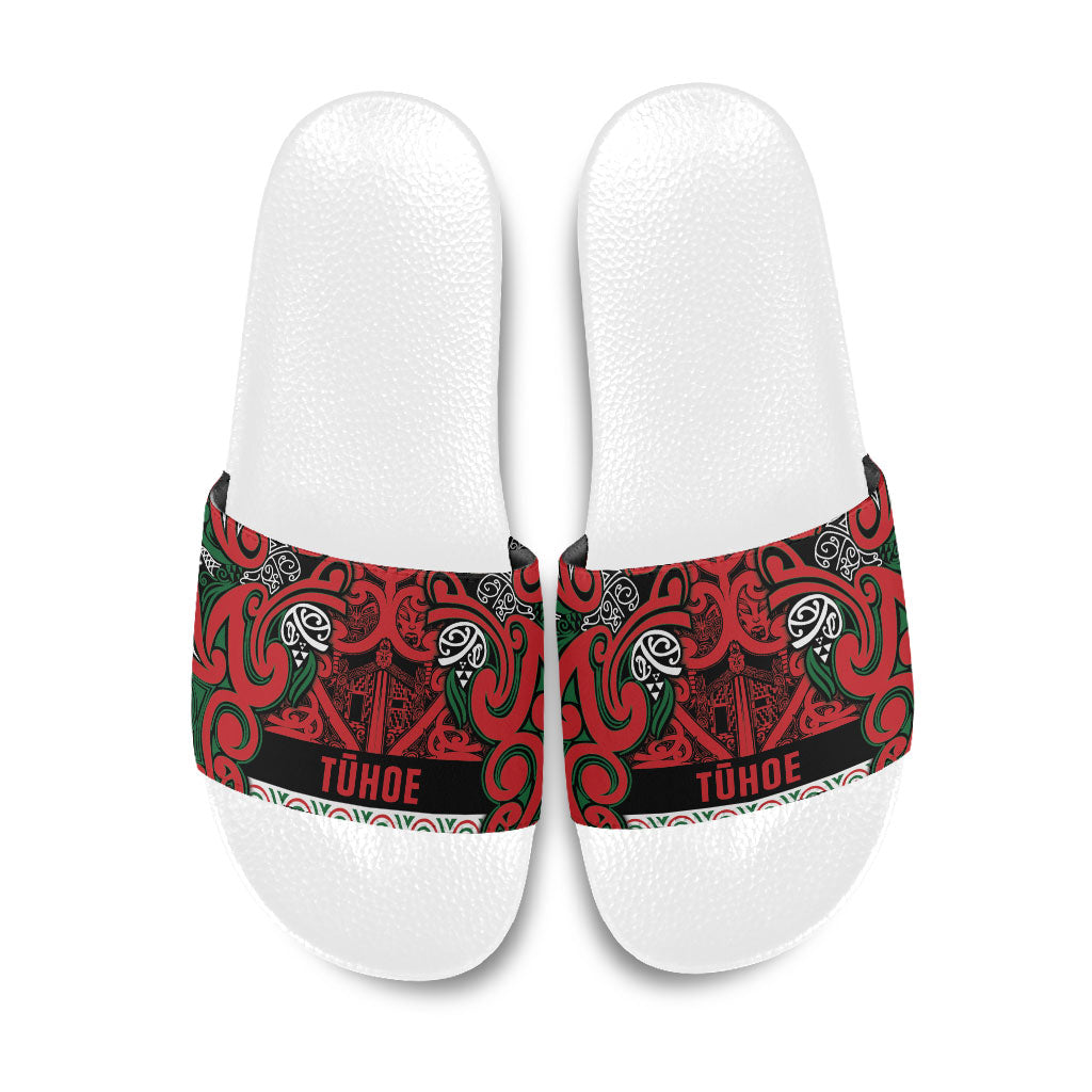 Aotearoa Iwi Tuhoe Slide Sandals Maori Wharenui House Tribal Pattern LT9 Green Red - Polynesian Pride