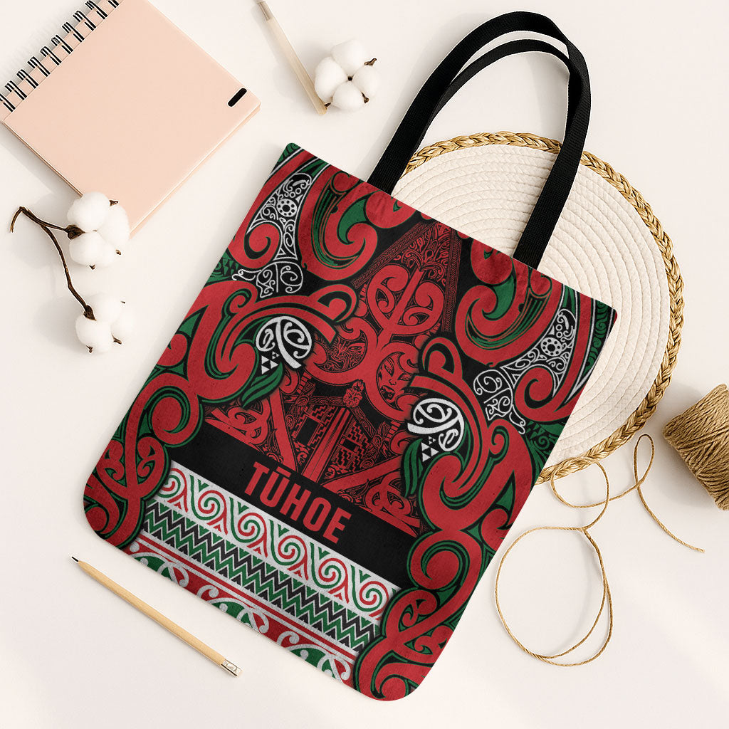 Aotearoa Iwi Tuhoe Tote Bag Maori Wharenui House Tribal Pattern LT9 Black Strap One Size Green Red - Polynesian Pride