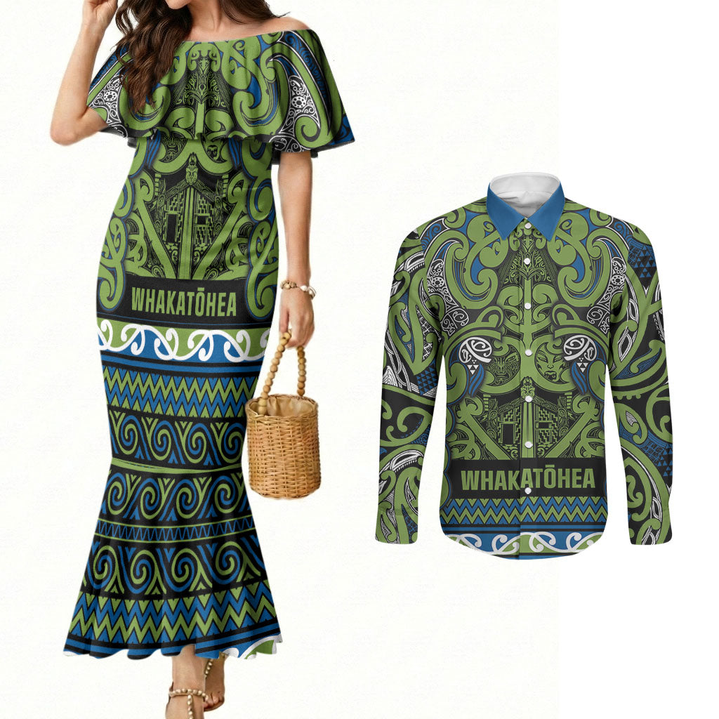 Aotearoa Iwi Whakatohea Couples Matching Mermaid Dress and Long Sleeve Button Shirt Maori Wharenui House Tribal Pattern LT9 Olive green - Polynesian Pride