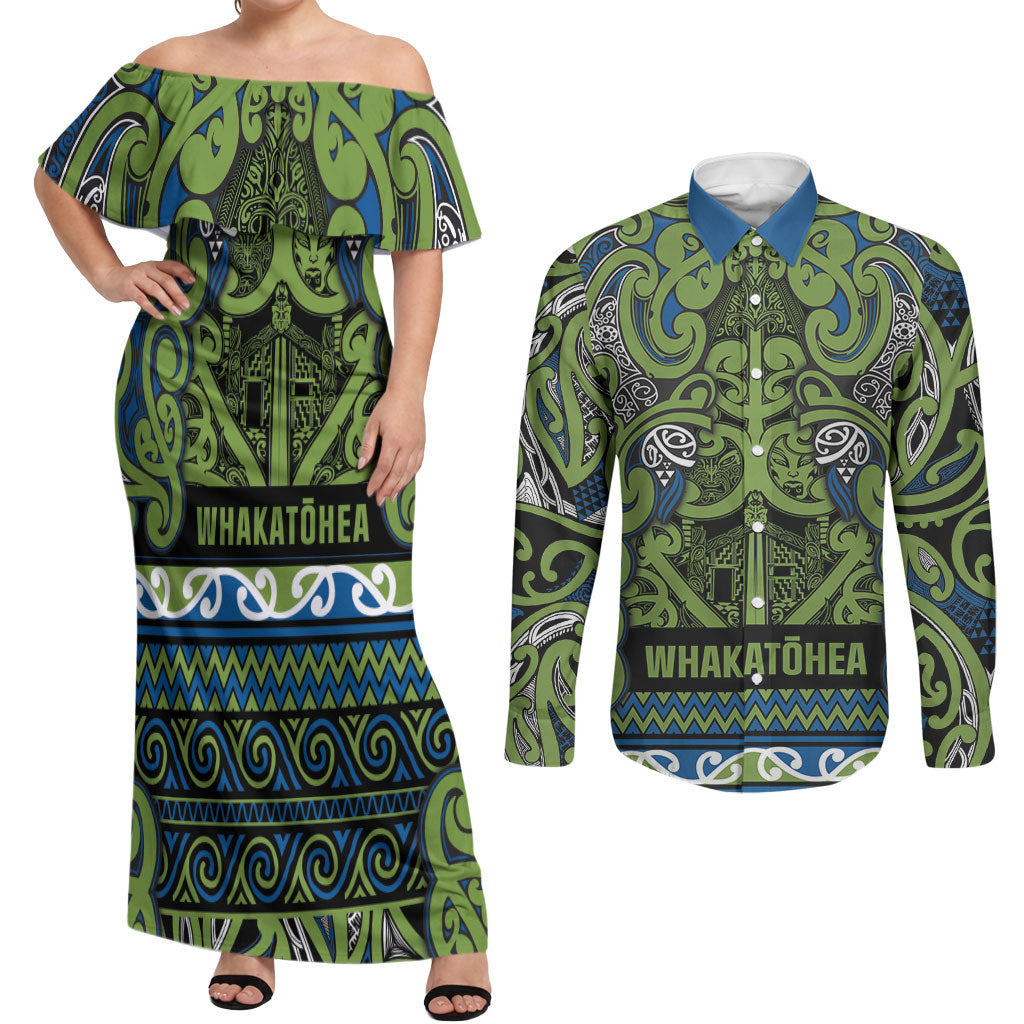 Aotearoa Iwi Whakatohea Couples Matching Off Shoulder Maxi Dress and Long Sleeve Button Shirt Maori Wharenui House Tribal Pattern LT9 Olive green - Polynesian Pride