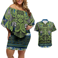 Aotearoa Iwi Whakatohea Couples Matching Off Shoulder Short Dress and Hawaiian Shirt Maori Wharenui House Tribal Pattern LT9 Olive green - Polynesian Pride