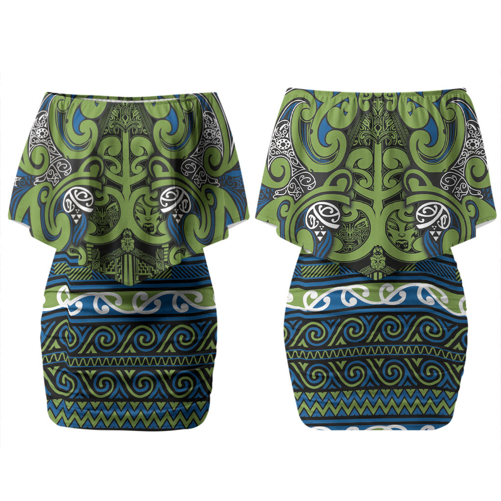 Aotearoa Iwi Whakatohea Couples Matching Off Shoulder Short Dress and Hawaiian Shirt Maori Wharenui House Tribal Pattern LT9 - Polynesian Pride