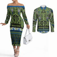 Aotearoa Iwi Whakatohea Couples Matching Off The Shoulder Long Sleeve Dress and Long Sleeve Button Shirt Maori Wharenui House Tribal Pattern LT9 Olive green - Polynesian Pride