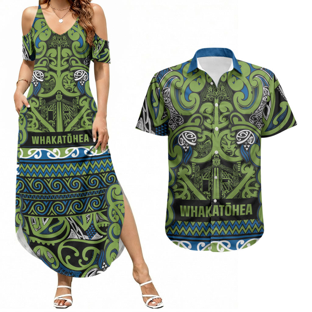 Aotearoa Iwi Whakatohea Couples Matching Summer Maxi Dress and Hawaiian Shirt Maori Wharenui House Tribal Pattern LT9 Olive green - Polynesian Pride