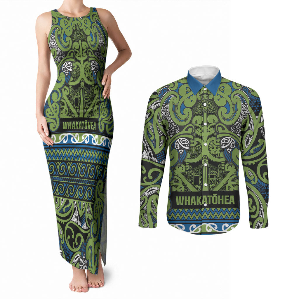 Aotearoa Iwi Whakatohea Couples Matching Tank Maxi Dress and Long Sleeve Button Shirt Maori Wharenui House Tribal Pattern LT9 Olive green - Polynesian Pride