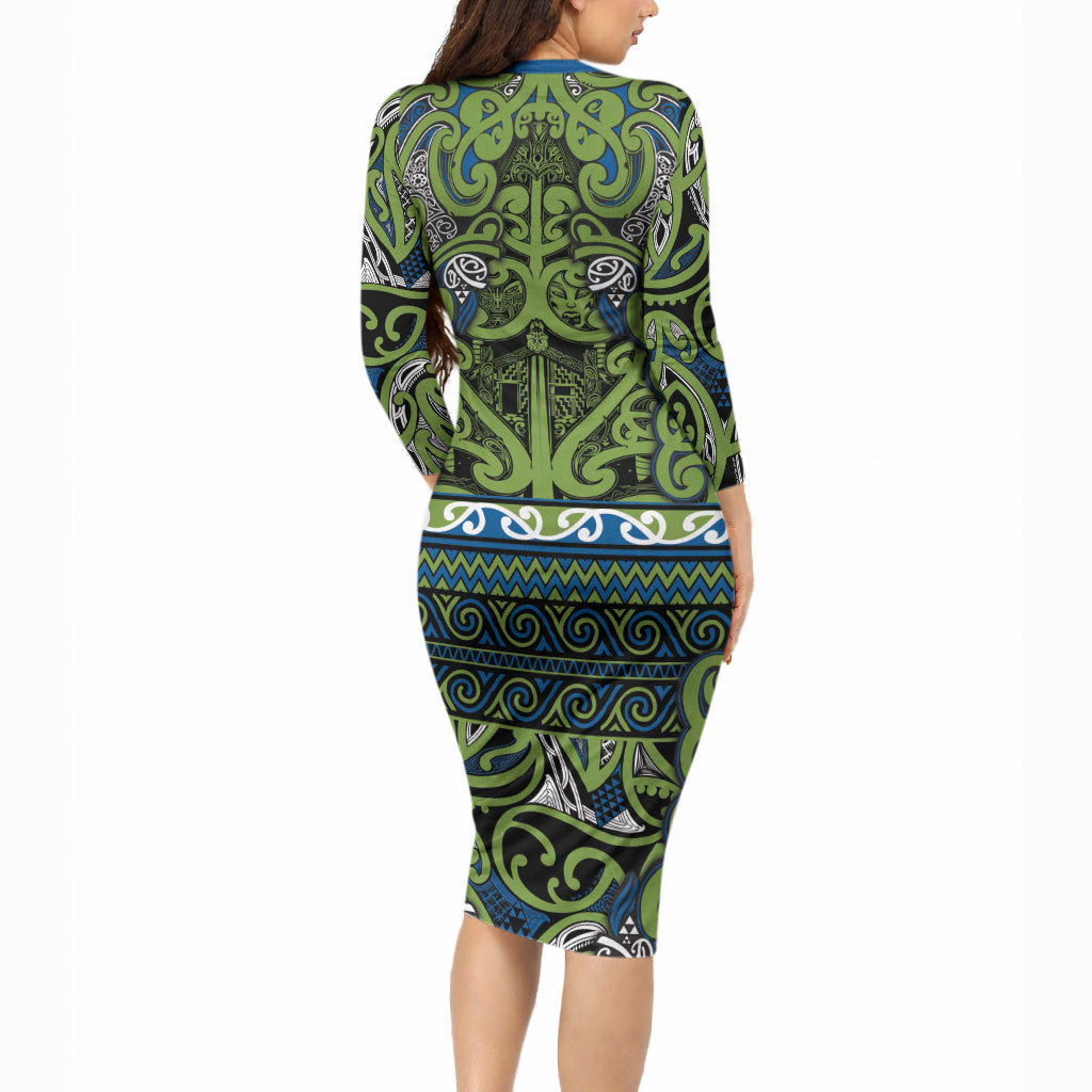 Aotearoa Iwi Whakatohea Long Sleeve Bodycon Dress Maori Wharenui House Tribal Pattern LT9 - Polynesian Pride
