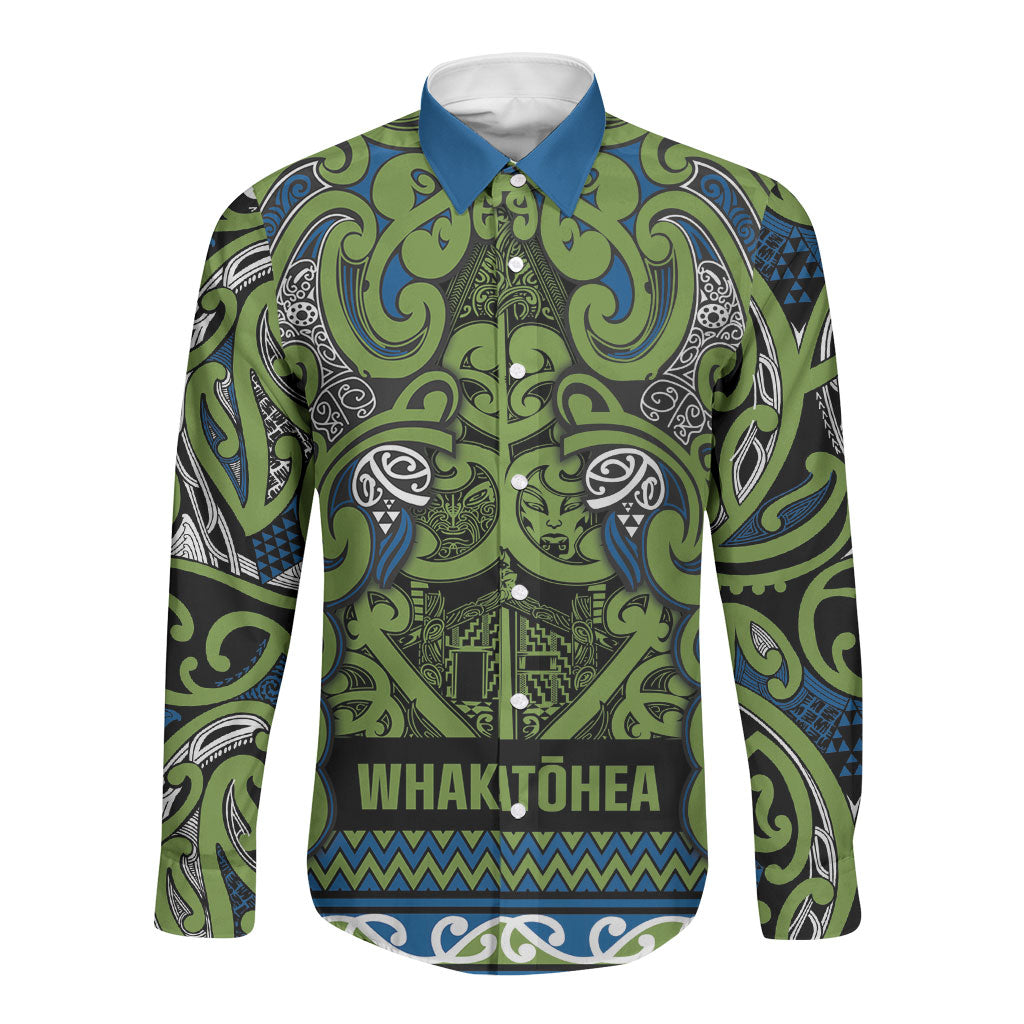 Aotearoa Iwi Whakatohea Long Sleeve Button Shirt Maori Wharenui House Tribal Pattern LT9 Unisex Olive green - Polynesian Pride