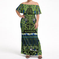 Aotearoa Iwi Whakatohea Off Shoulder Maxi Dress Maori Wharenui House Tribal Pattern LT9 Women Olive green - Polynesian Pride