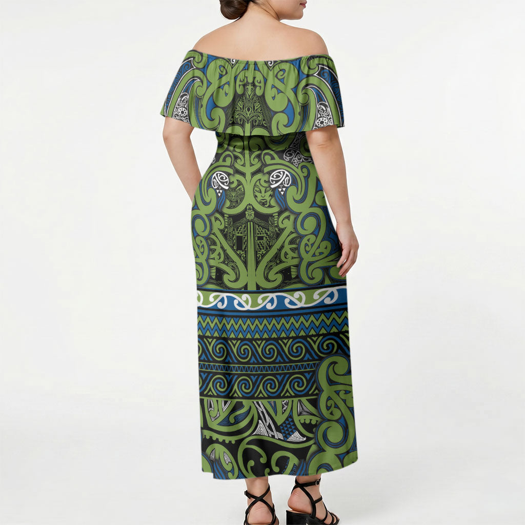 Aotearoa Iwi Whakatohea Off Shoulder Maxi Dress Maori Wharenui House Tribal Pattern LT9 - Polynesian Pride