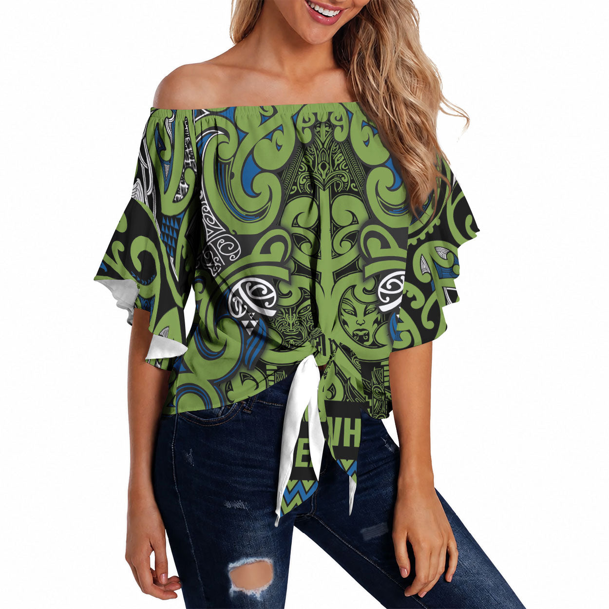 Aotearoa Iwi Whakatohea Off Shoulder Wrap Waist Top Maori Wharenui House Tribal Pattern LT9 Olive green - Polynesian Pride