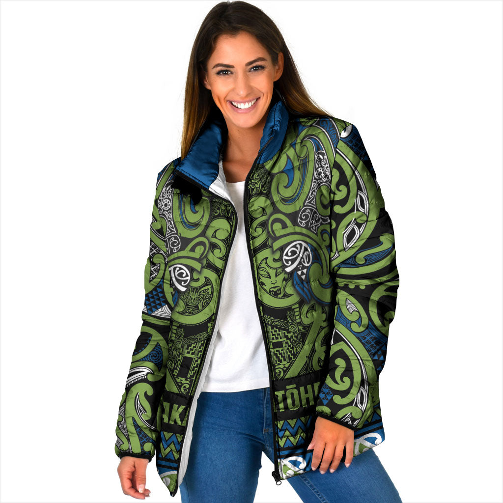 Aotearoa Iwi Whakatohea Padded Jacket Maori Wharenui House Tribal Pattern LT9 Women Olive green - Polynesian Pride