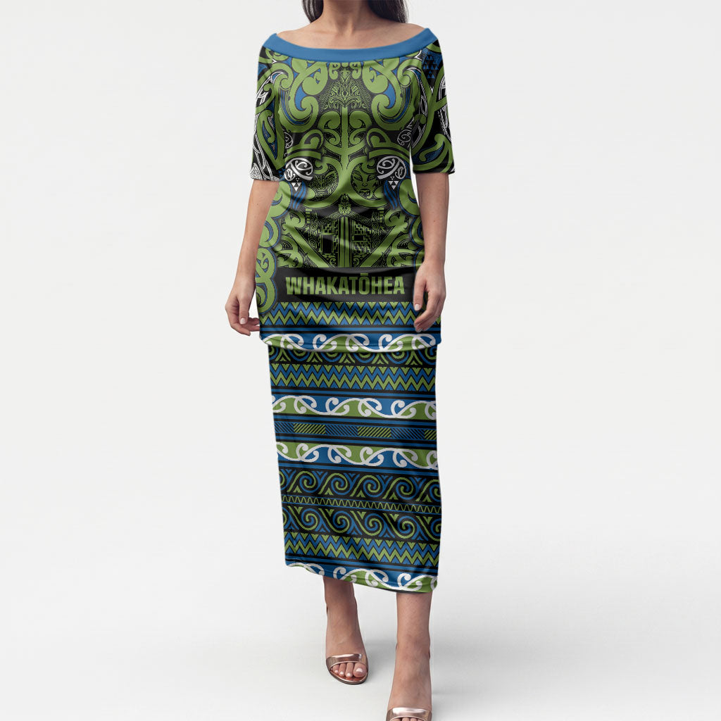 Aotearoa Iwi Whakatohea Puletasi Maori Wharenui House Tribal Pattern LT9 Long Dress Olive green - Polynesian Pride