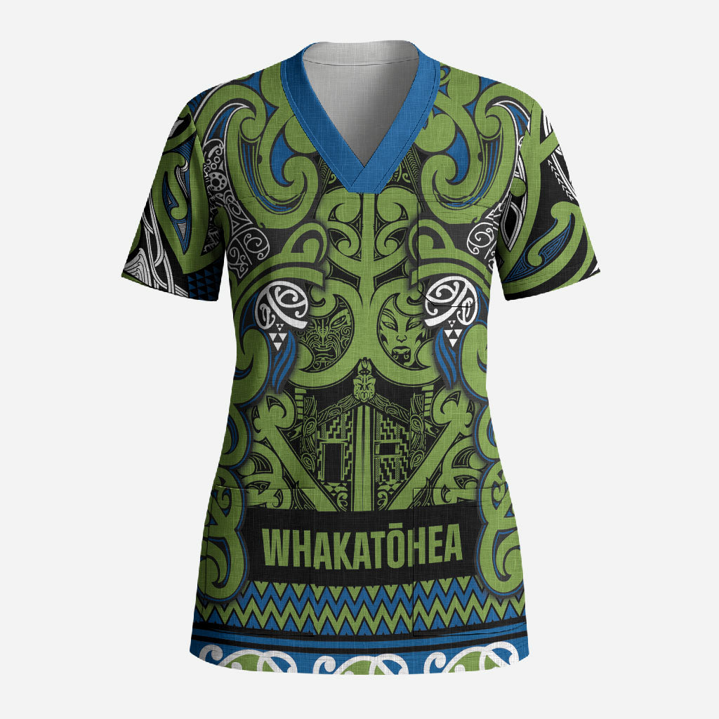 Aotearoa Iwi Whakatohea Scrub Top Maori Wharenui House Tribal Pattern LT9 Adult Olive green - Polynesian Pride