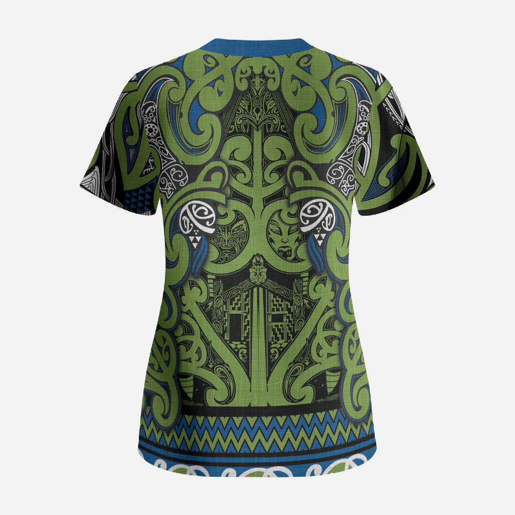 Aotearoa Iwi Whakatohea Scrub Top Maori Wharenui House Tribal Pattern LT9 - Polynesian Pride