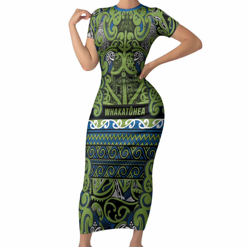 Aotearoa Iwi Whakatohea Short Sleeve Bodycon Dress Maori Wharenui House Tribal Pattern LT9 Long Dress Olive green - Polynesian Pride