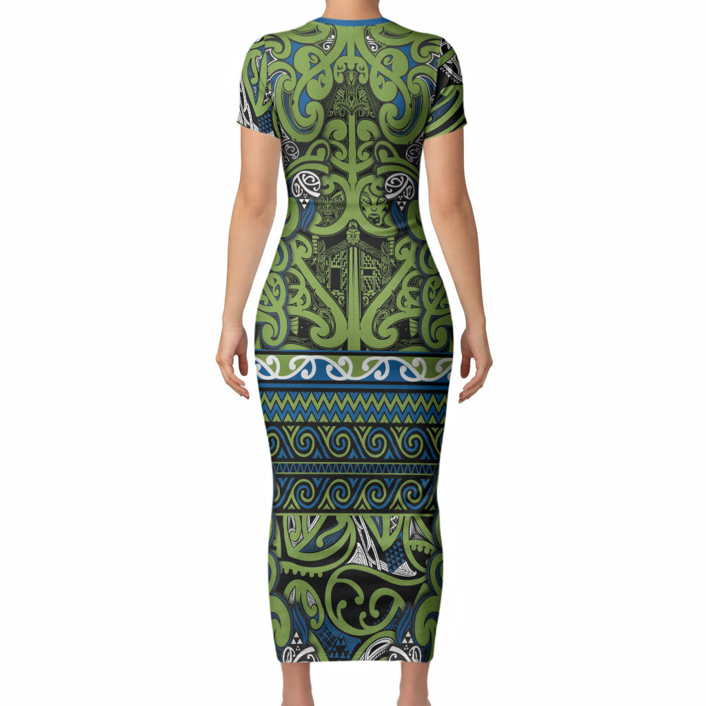 Aotearoa Iwi Whakatohea Short Sleeve Bodycon Dress Maori Wharenui House Tribal Pattern LT9 - Polynesian Pride