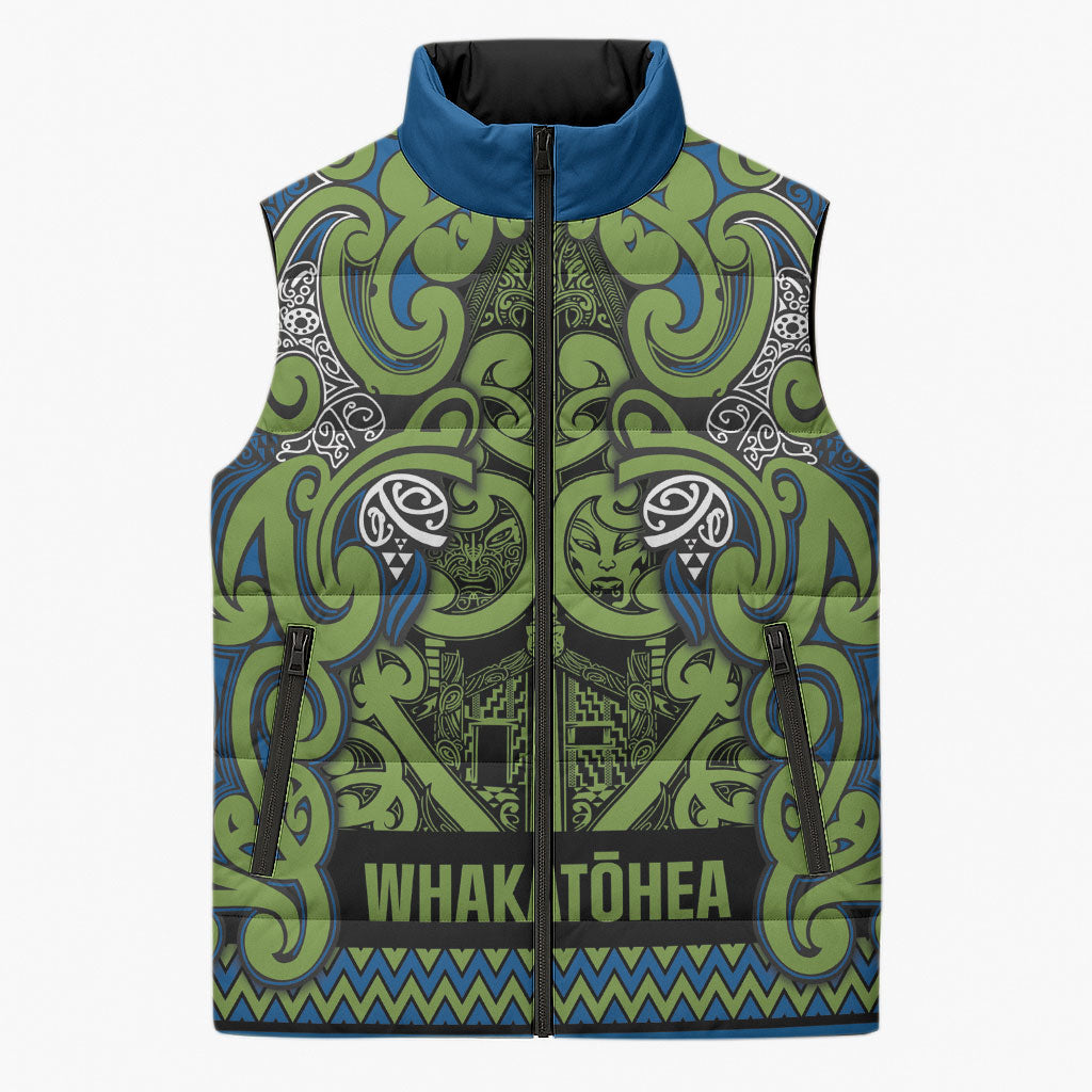 Aotearoa Iwi Whakatohea Sleeveless Puffer Jacket Maori Wharenui House Tribal Pattern LT9 Unisex Olive green - Polynesian Pride