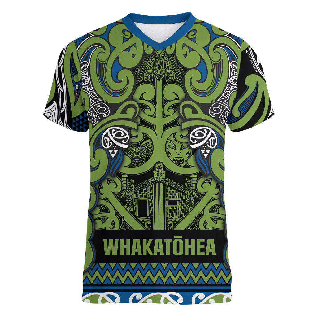 Aotearoa Iwi Whakatohea Women V-Neck T-Shirt Maori Wharenui House Tribal Pattern LT9 Female Olive green - Polynesian Pride