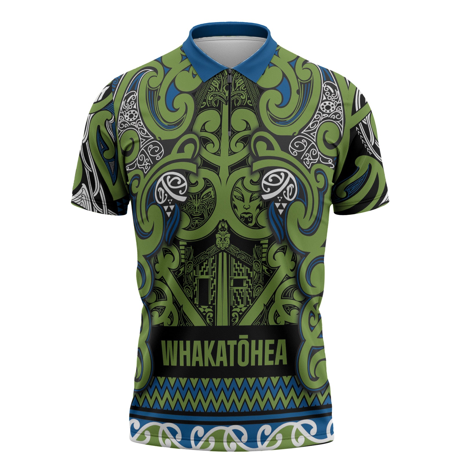 Aotearoa Iwi Whakatohea Zipper Polo Shirt Maori Wharenui House Tribal Pattern LT9 Olive green - Polynesian Pride