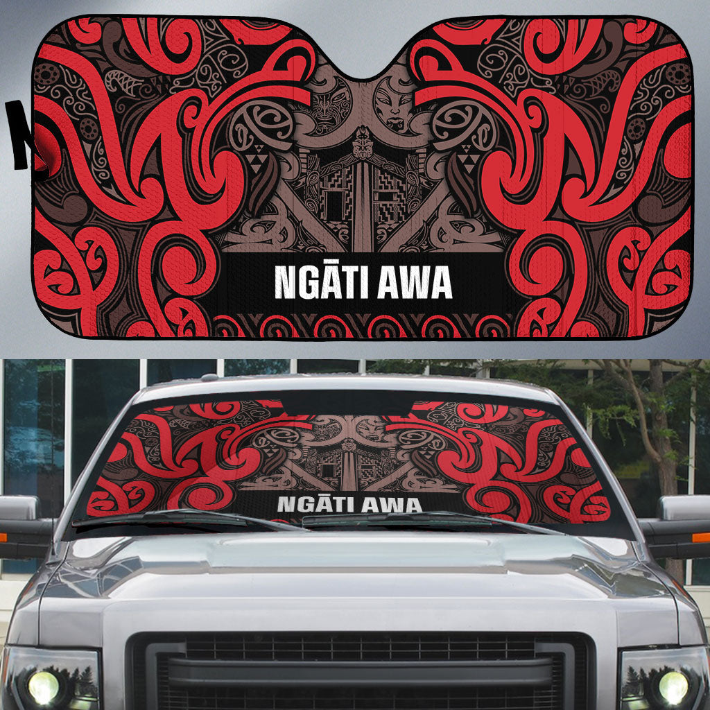 Aotearoa Iwi Ngati Awa Auto Sun Shade Maori Wharenui House Tribal Pattern LT9 Red - Polynesian Pride