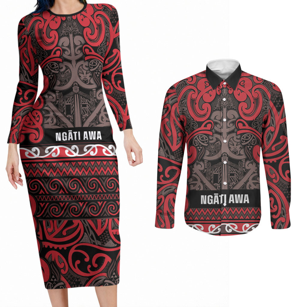 Aotearoa Iwi Ngati Awa Couples Matching Long Sleeve Bodycon Dress and Long Sleeve Button Shirt Maori Wharenui House Tribal Pattern LT9 Red - Polynesian Pride