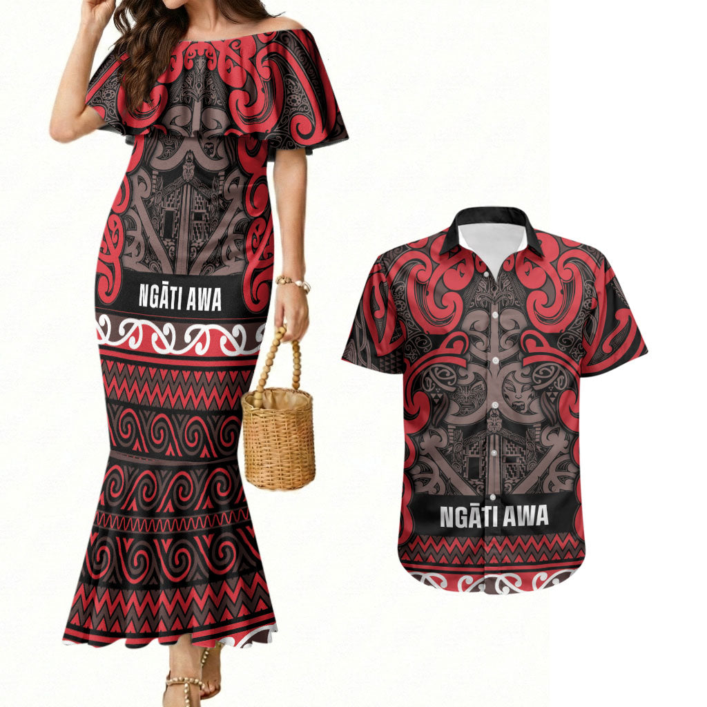Aotearoa Iwi Ngati Awa Couples Matching Mermaid Dress and Hawaiian Shirt Maori Wharenui House Tribal Pattern LT9 Red - Polynesian Pride