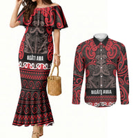 Aotearoa Iwi Ngati Awa Couples Matching Mermaid Dress and Long Sleeve Button Shirt Maori Wharenui House Tribal Pattern LT9 Red - Polynesian Pride