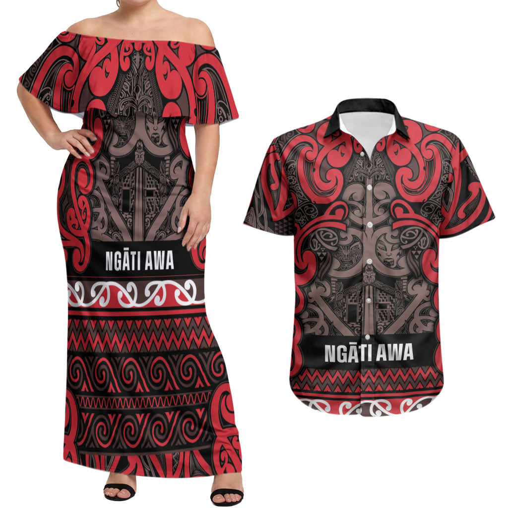 Aotearoa Iwi Ngati Awa Couples Matching Off Shoulder Maxi Dress and Hawaiian Shirt Maori Wharenui House Tribal Pattern LT9 Red - Polynesian Pride