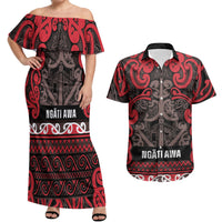 Aotearoa Iwi Ngati Awa Couples Matching Off Shoulder Maxi Dress and Hawaiian Shirt Maori Wharenui House Tribal Pattern LT9 Red - Polynesian Pride