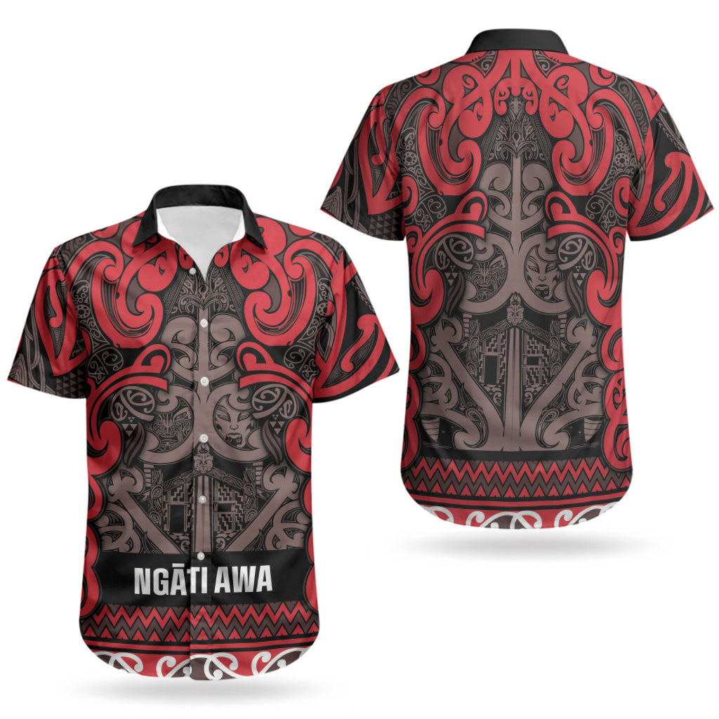 Aotearoa Iwi Ngati Awa Couples Matching Off The Shoulder Long Sleeve Dress and Hawaiian Shirt Maori Wharenui House Tribal Pattern LT9 - Polynesian Pride