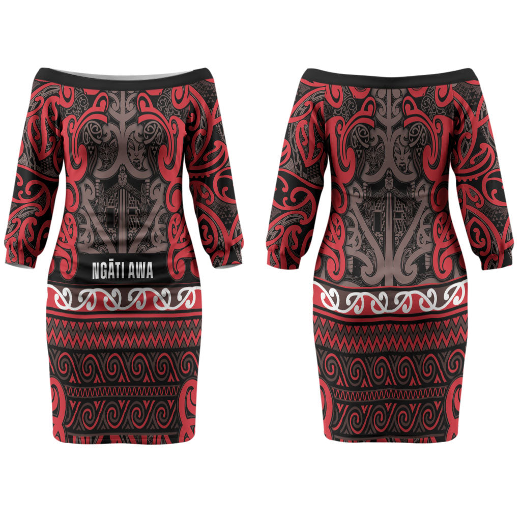 Aotearoa Iwi Ngati Awa Couples Matching Off The Shoulder Long Sleeve Dress and Hawaiian Shirt Maori Wharenui House Tribal Pattern LT9 - Polynesian Pride