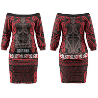 Aotearoa Iwi Ngati Awa Couples Matching Off The Shoulder Long Sleeve Dress and Hawaiian Shirt Maori Wharenui House Tribal Pattern LT9 - Polynesian Pride