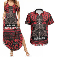 Aotearoa Iwi Ngati Awa Couples Matching Summer Maxi Dress and Hawaiian Shirt Maori Wharenui House Tribal Pattern LT9 Red - Polynesian Pride