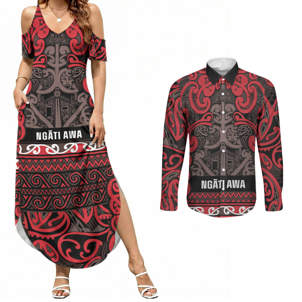 Aotearoa Iwi Ngati Awa Couples Matching Summer Maxi Dress and Long Sleeve Button Shirt Maori Wharenui House Tribal Pattern LT9 Red - Polynesian Pride