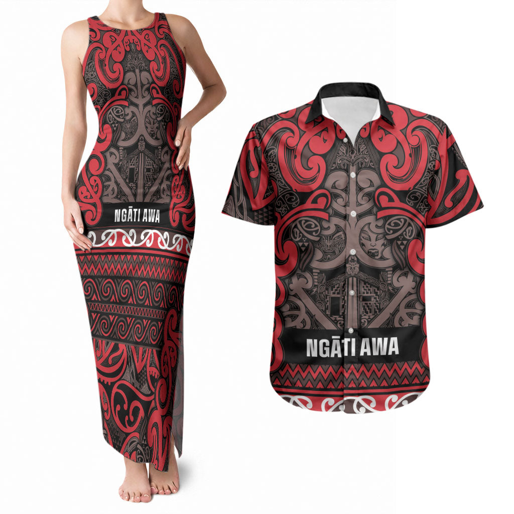 Aotearoa Iwi Ngati Awa Couples Matching Tank Maxi Dress and Hawaiian Shirt Maori Wharenui House Tribal Pattern LT9 Red - Polynesian Pride