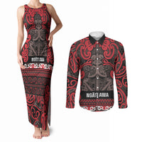 Aotearoa Iwi Ngati Awa Couples Matching Tank Maxi Dress and Long Sleeve Button Shirt Maori Wharenui House Tribal Pattern LT9 Red - Polynesian Pride