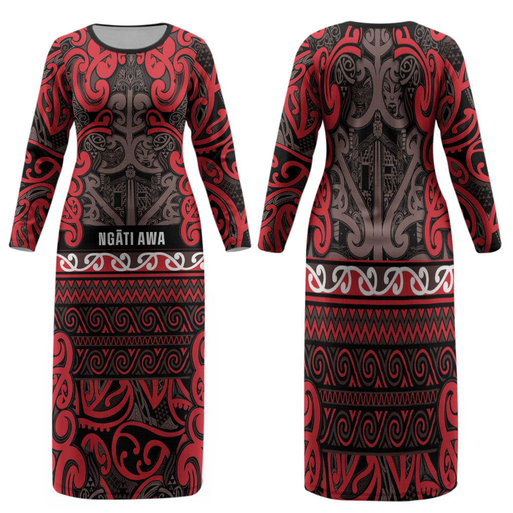 Aotearoa Iwi Ngati Awa Family Matching Long Sleeve Bodycon Dress and Hawaiian Shirt Maori Wharenui House Tribal Pattern LT9 Mom's Dress Red - Polynesian Pride