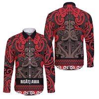 Aotearoa Iwi Ngati Awa Family Matching Long Sleeve Bodycon Dress and Hawaiian Shirt Maori Wharenui House Tribal Pattern LT9 Dad's Shirt - Long Sleeve Red - Polynesian Pride